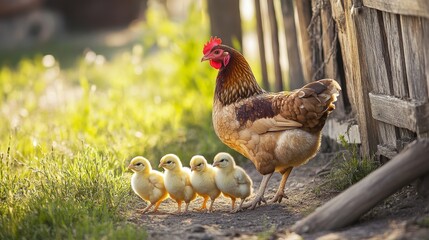 Fototapeta premium A mother hen with her chicks pecking at the ground in a sunny farmyard, surrounded by fresh grass and a rustic wooden fence.