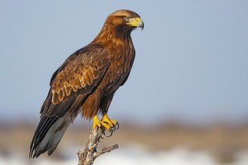 Obraz premium A Golden Eagle Perched on a Branch Against a Blurry Background