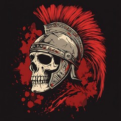 A Skull Wearing a Roman Helmet with a Red Plume