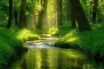Obraz premium Sunbeams Illuminating a Tranquil Stream Flowing Through a Lush Forest