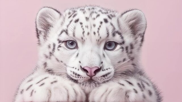 Cucciolo di leopardo delle nevi ripreso in uno studio fotografico su sfondo rosa