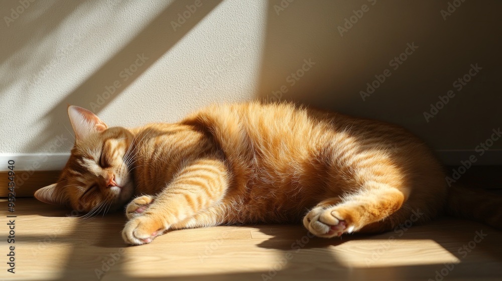 Poster a round cat snoozing in a sunbeam on the floor, with its belly up and a look of utter relaxation, se