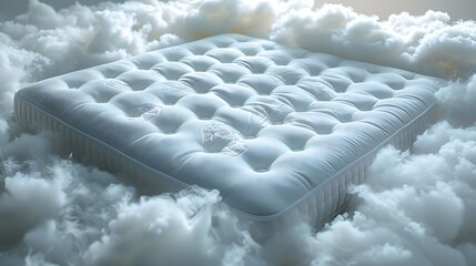 A white tufted mattress surrounded by fluffy clouds, representing comfort and rest.