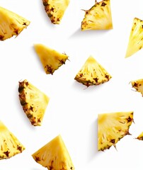 Naklejka premium Fresh pineapple slices scattered on a clean white background. Vibrant yellow colors are eye-catching and appealing. Perfect for summer recipes or healthy eating themes. AI.