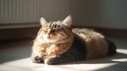A round cat snoozing in a sunbeam on the floor, with its belly up and a look of utter relaxation, set against a light-colored room