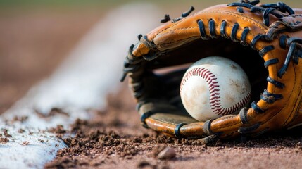 Close-up of a baseball glove with a ball, lying next to the base line in the dirt.