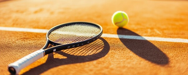 Tennis racket shadow on the court line, with the ball rolling away in the background.
