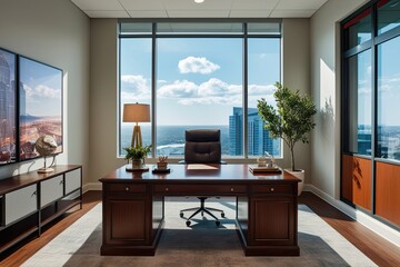 Manager Office Aesthetic Featuring Desk Panoramic Window and Customizable Design Elements