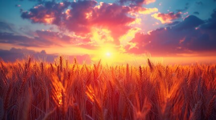 Fototapeta premium A picturesque view of a field bathed in the warm glow of a setting sun.