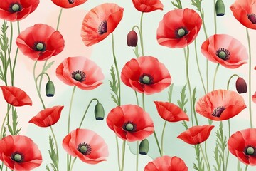 Fototapeta premium Watercolor Red Poppy Flowers on Soft Pastel Background