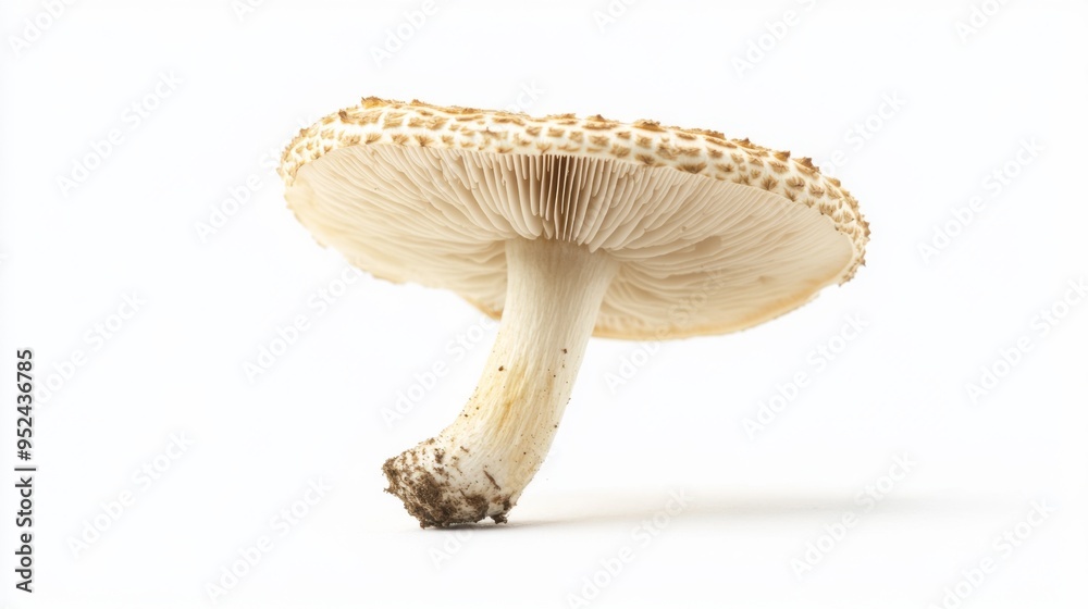 Aufkleber A single, small wild mushroom with delicate details and a fine texture, isolated on a white background to emphasize its intricate features.