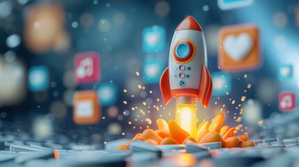 A playful toy rocket launches into the air, surrounded by floating app icons, symbolizing creativity and digital innovation.