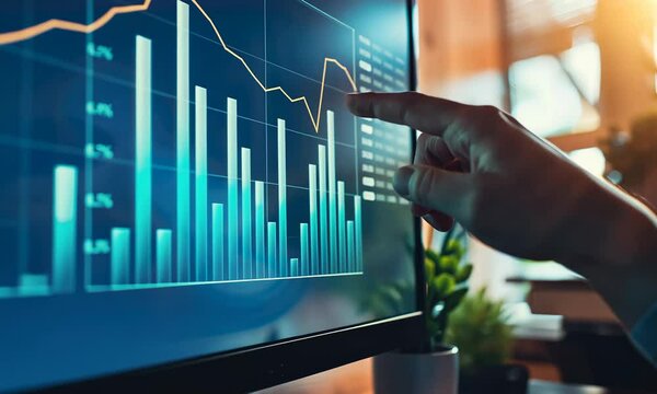 Hand pointing to financial growth charts on a computer screen