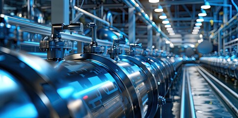 Oxygen cylinder with compressed gas. Blue Oxygen tanks for industry. Liquefied oxygen production. Factory