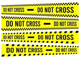 Fototapeta premium Yellow caution, danger ribbons and line tapes with perspective view for police, safety on construction, barrier. Attention, crime zone signs, banner. Security border and area.