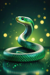Fototapeta premium Green snake on the background of the lights with a bokeh effect for the design of cards and invitations for the Christmas holidays.