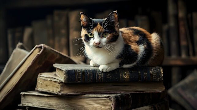 Calico Cat Perched Atop Precarious Tower of Time Worn Books in Cinematic High Contrast Photographic Style