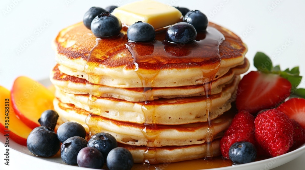 Poster a stack of fluffy american pancakes with butter and maple syrup drizzled on top, served with a side 