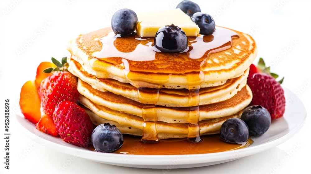 Aufkleber a stack of fluffy american pancakes with butter and maple syrup drizzled on top, served with a side 