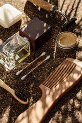 Eco-Friendly Personal Care Items Arranged on Cork Surface