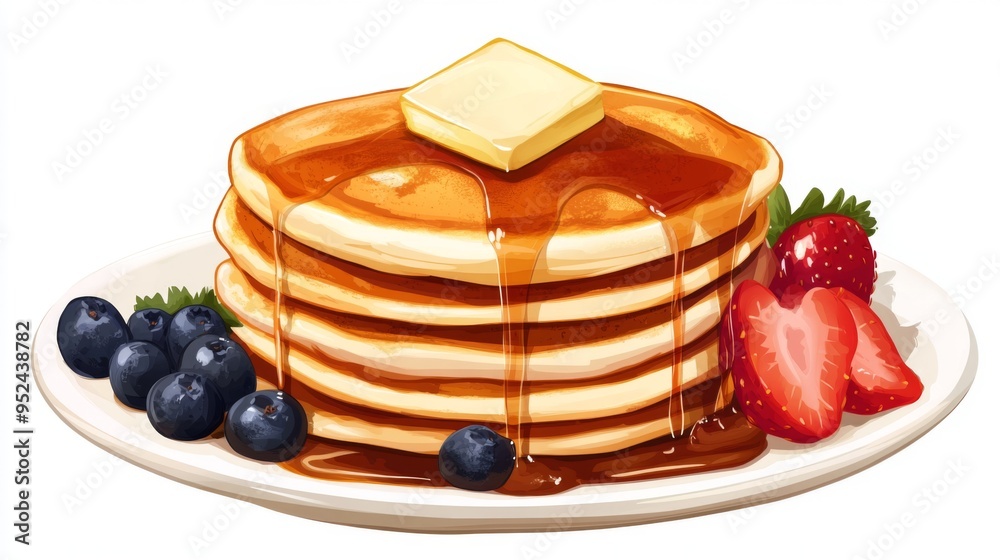 Poster a stack of fluffy american pancakes with butter and maple syrup drizzled on top, served with a side 