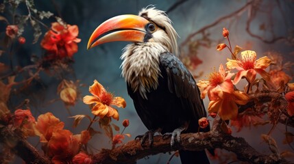 Obraz premium A hornbill perched on a blooming flower, symbolizing the beauty and harmony of nature