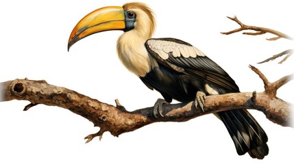 Fototapeta premium A Hornbill perched on a branch, its watchful gaze fixed on the viewer, conveying a sense of intelligence and curiosity