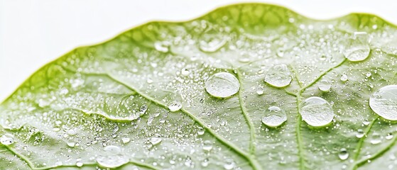 Extreme close-up of a lotus leaf's water-repellent surface, microscopic structures visible, isolated on clean white
