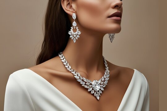 Chic Sophisticated Display of Elegant Necklace and Earrings on Woman's Collarbone