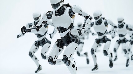 A Group of Running Robots in a White Environment