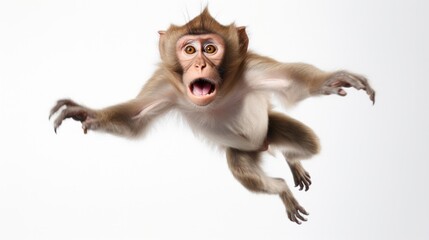 Obraz premium A macaque monkey caught mid-leap, its body suspended in the air, its expression a mix of excitement and determination