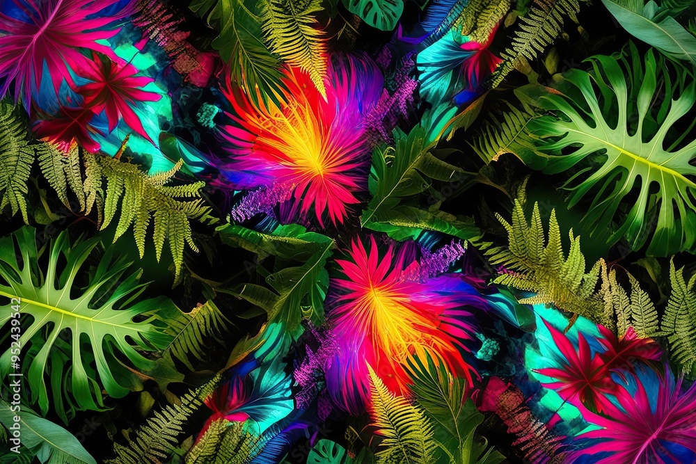 Wall mural vibrant monstera palm and fern jungle backdrop in kaleidoscope style