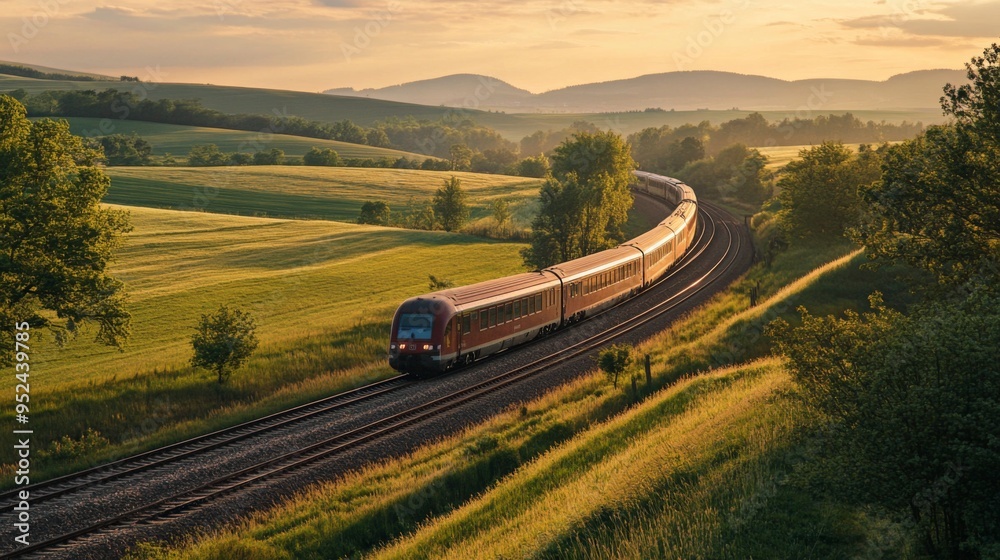 Aufkleber A train approaching on a set of tracks through a scenic countryside, with rolling hills and fields in the background and the train in motion.
