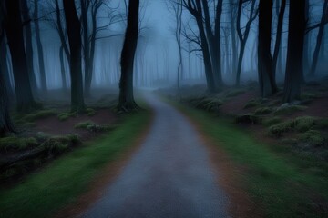 Obraz premium Twilight Enchanted Forest Pathway Through Mystical Foggy Landscapes