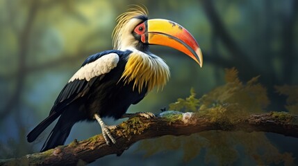 Fototapeta premium A majestic Great Hornbill perched on a branch, its colorful casque and long tail feathers flowing in the wind.