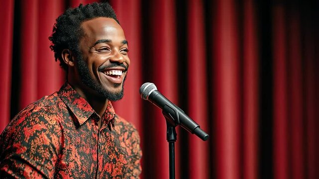 On a stage with red curtains, a happy young African American guy comic does a stand-up monologue.