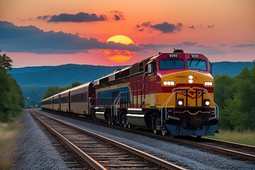 Fototapeta premium Vibrant Sunset Railroad Journey Through Scenic Landscapes
