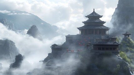 Mystical mountain temple enveloped in clouds with monks practicing martial arts Ancient style with weathered textures and foggy ambiance 3D-rendered architecture