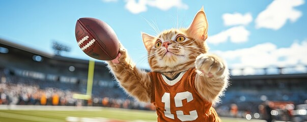 A playful cat dressed in sports attire, showcasing fun and energy while holding a football on a bright stadium field.