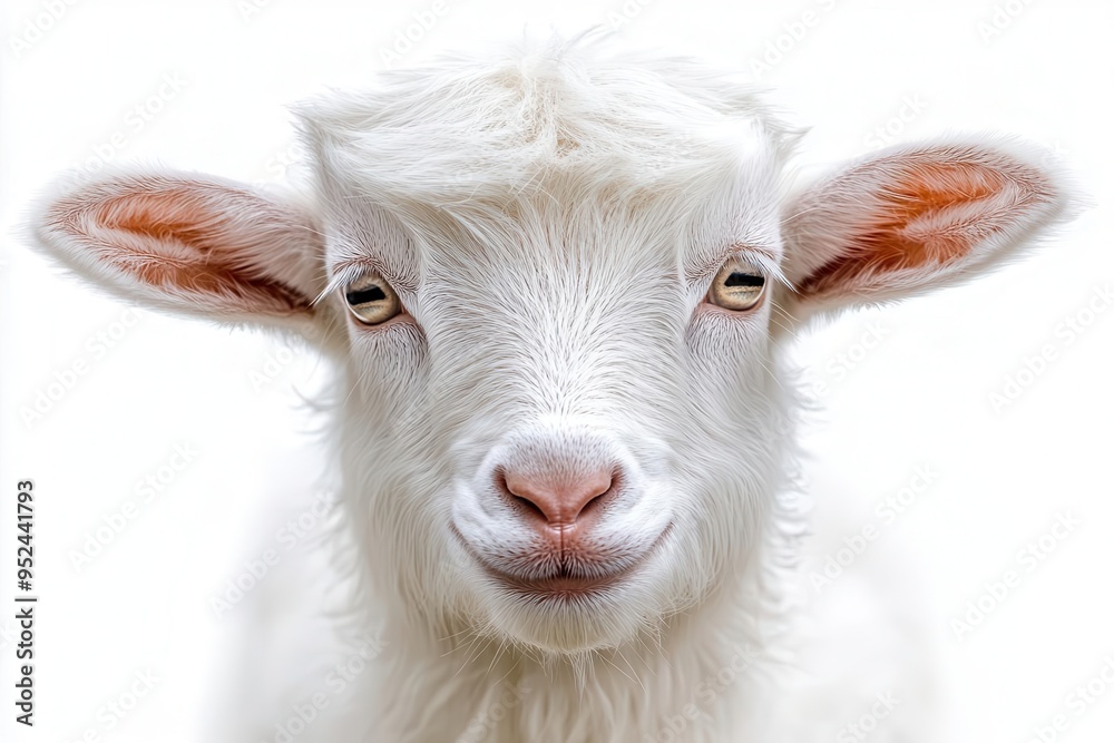 Wall mural charming portrait of curious white goat closeup on expressive face fluffy beard isolated on pure whi