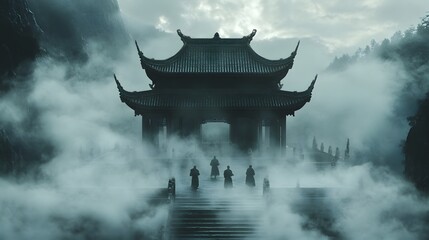 Ancient temple in the clouds with monks performing martial arts Weathered textures and mystical foggy ambiance detailed 3D architecture