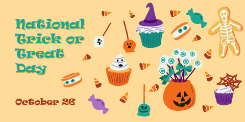 Horizontal banner for National Trick or Treat Day with minimalistic scary candies and sweets. Vector hand drawn illustration in flat style. Horizontal template for background, banner, card