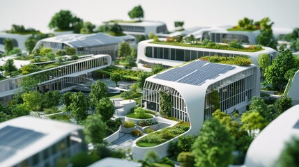 Futuristic eco-friendly urban design with greenery and solar panels.