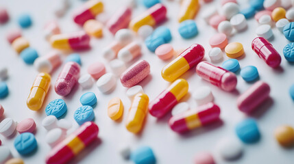Multicolored Medication Pills on White Surface, Artistic Arrangement,Vitamins