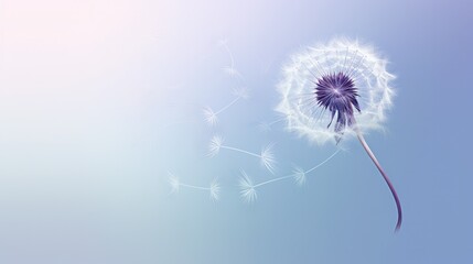 Fototapeta premium A minimalist line art drawing of a dandelion seed, its delicate form captured in simple, elegant strokes, against a backdrop of soft blue and purple washes