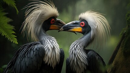 Fototapeta premium A pair of Grey Hornbills grooming each other, their affectionate behavior demonstrating their deep connection.