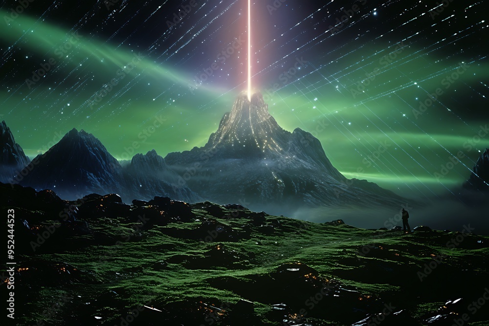 Poster mountains with a green light beam in the sky