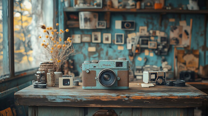 A nostalgic scene of a young photographer using a vintage film camera, embracing the beauty of lo-fi photography with grainy, imperfect shots, set in a cozy, creative space with a makeshift darkroom.