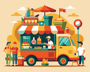 Vector Illustration of a Food Truck at a Street Market