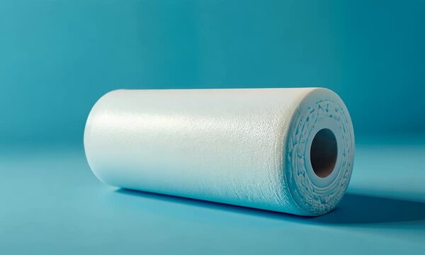 A roll of kitchen paper on a blue background, highlighting simplicity and cleanliness